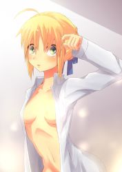 Rule 34 | 1girl, ahoge, artoria pendragon (fate), blonde hair, blush, breasts, bright (long-ago), cleavage, fate/stay night, fate (series), green eyes, groin, highres, open clothes, open mouth, open shirt, saber (fate), shirt, sidelocks, solo