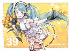 Rule 34 | 1girl, 39, aqua eyes, aqua hair, black gloves, cherico, commentary request, cowboy shot, dress, flower, gloves, hatsune miku, headphones, highres, long hair, looking at viewer, open mouth, short dress, smile, tulip, twintails, vocaloid, white dress, yellow flower