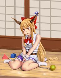 Rule 34 | 1girl, between legs, blonde hair, blush, bow, bowtie, breasts, brown horns, chain, commentary request, cube, dominico, full body, hair bow, hand between legs, highres, horn ornament, horn ribbon, horns, ibuki suika, long hair, looking down, medium breasts, no shoes, open mouth, orange eyes, orb, purple ribbon, purple skirt, pyramid (structure), red bow, red bowtie, ribbon, ribbon-trimmed skirt, ribbon trim, shirt, shouji, sidelocks, sitting, skirt, sleeveless, sleeveless shirt, sliding doors, socks, solo, touhou, very long hair, wariza, white shirt, wrist cuffs