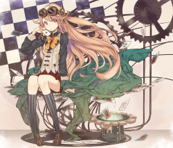 Rule 34 | 1girl, ace (playing card), ace of hearts, bow, brown footwear, brown hair, card, checkered background, chiko (mizuho), full body, gears, goggles, goggles on head, hat, heart, long hair, looking at viewer, original, playing card, purple eyes, ribbon, shoes, sitting, skirt, socks, solo, steampunk, striped clothes, striped socks, top hat, unworn hat, unworn headwear, vertical-striped clothes, vertical-striped socks, vest