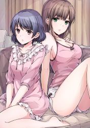 Rule 34 | 2girls, bare arms, bare shoulders, between legs, blue hair, breasts, brown hair, camisole, cleavage, closed mouth, collarbone, commentary request, couch, dolphin shorts, domestic na kanojo, dress, frilled dress, frills, green eyes, hand on own chest, hand up, hoshimaemi, indoors, knees up, large breasts, long hair, long sleeves, looking at viewer, multiple girls, on couch, pink dress, pink shirt, red eyes, shirt, short hair, short shorts, shorts, sidelocks, sitting, sleeveless, tachibana hina, tachibana rui, thighs, v arms, wariza, white shorts