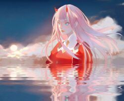 Rule 34 | 1girl, blue eyes, blush, commentary, darling in the franxx, demon horns, english commentary, eyelashes, horns, long hair, military, military uniform, mingweiban, necktie, orange necktie, pink hair, red horns, reflection, reflective water, ripples, solo, uniform, water, zero two (darling in the franxx)