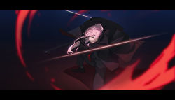 Rule 34 | 1girl, alternate costume, black footwear, black jacket, black pants, black suit, closed mouth, commentary, dark background, english commentary, formal, full body, glaring, highres, hololive, hololive english, jacket, katana, kneeling, letterboxed, long hair, long sleeves, looking at viewer, mori calliope, necktie, on one knee, otashishi, pants, pink hair, ponytail, red eyes, red necktie, scabbard, serious, sheath, shoes, slashing, solo, suit, sword, virtual youtuber, weapon