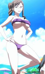 Rule 34 | 1girl, animated, animated gif, bandeau, bandeau bikini, beach, bikini, breasts, brown eyes, brown hair, cleavage, covered erect nipples, fight ippatsu! juuden-chan!!, flip-flops, glasses, hair ornament, hands on own hips, highres, large breasts, long hair, lowleg, lowleg bikini, lowleg swimsuit, navel, sandals, scratching, scratching leg, stitched, swimsuit, tagme, third-party edit, umbrella