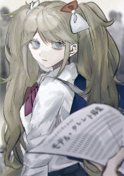 Rule 34 | 1girl, blurry, blurry background, bow, collared shirt, commentary request, danganronpa: trigger happy havoc, danganronpa (series), enoshima junko, from side, green eyes, hair bow, hair ornament, holding, holding paper, joh pierrot, long hair, long sleeves, looking at another, looking at viewer, looking to the side, paper, rabbit hair ornament, shirt, solo focus, twintails, upper body, white bow, white shirt