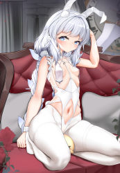 Rule 34 | + +, absurdres, animal ears, azur lane, blue eyes, blush, braid, breast curtains, breasts, breasts apart, clock, closed mouth, commentary request, couch, fake animal ears, flower, hairband, head tilt, highres, indoors, kneeling, le malin (azur lane), le malin (listless lapin) (azur lane), looking at viewer, low twin braids, manjuu (azur lane), narrowed eyes, navel, official alternate costume, on couch, pantyhose, qwertame, rabbit ears, rose, sidelocks, silver hair, small breasts, stomach, thighs, twin braids, white legwear, wrist cuffs