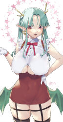 Rule 34 | 1girl, black thighhighs, bow, breasts, clothing cutout, collared shirt, covered erect nipples, covered navel, dangle earrings, dragon horns, dress, dress shirt, earrings, fang, frilled sleeves, frills, gloves, green hair, hand on own hip, highres, horns, jewelry, large breasts, low wings, murata tefu, open mouth, original, red bow, red eyes, shirt, short dress, simple background, skindentation, sparkling eyes, thick thighs, thighhighs, thighs, twintails, underboob, underboob cutout, white background, white gloves, white shirt, wings