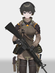Rule 34 | 1girl, absurdres, assault rifle, black eyes, black hair, commentary request, cowboy shot, dlarudgml21, gloves, grey background, gun, headset, highres, holding, holding weapon, korean commentary, looking at viewer, m16, m16a4, military, mole, mole under eye, original, pantyhose, rifle, short hair, simple background, solo, tactical clothes, weapon