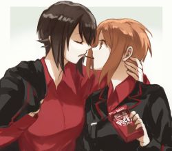 Rule 34 | 10s, 2girls, arm around neck, bad id, bad twitter id, black jacket, brown eyes, brown hair, commentary, dress shirt, food, food in mouth, girls und panzer, gradient background, grey background, holding, holding food, incest, jacket, jacket on shoulders, kuromorimine military uniform, long sleeves, looking at another, military, military uniform, mouth hold, multiple girls, nishizumi maho, nishizumi miho, pocky, pocky kiss, red shirt, shared food, shirt, short hair, siblings, sisters, uniform, wing collar, yuri, yuuyu (777)