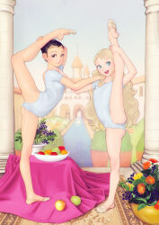 Rule 34 | 2girls, apple, arm up, aurore (takatou sora), ballet slippers, black eyes, black hair, blonde hair, blue eyes, borrowed character, bowl, closed mouth, commentary request, contortion, crotch seam, flexible, flower, food, fruit, fumichika mori, hair pulled back, hand on another&#039;s shoulder, indoors, kotani kana, leaning forward, leg hold, leg up, leotard, long hair, multiple girls, open mouth, original, partial commentary, short hair, short sleeves, smile, split, standing, standing on one leg, standing split, wavy hair, white leotard