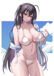 1girl absurdres ahoge arm_behind_back azur_lane bikini black_hair bracelet breasts collarbone cowboy_shot groin highres jewelry kaijiba large_breasts long_hair looking_at_viewer navel one_side_up parted_lips red_eyes solo stomach strap_pull swimsuit taihou_(azur_lane) taihou_(seaside_daydreams)_(azur_lane) thighs very_long_hair wet white_bikini