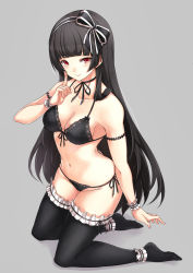 Rule 34 | 1girl, ankle cuffs, asya, bare shoulders, bikini, black hair, black panties, black ribbon, black thighhighs, blunt bangs, blush, bow, breasts, choker, cleavage, closed mouth, frilled thighhighs, frills, front-tie bikini top, front-tie top, full body, grey background, hair bow, hairband, halterneck, highres, kneeling, lingerie, long hair, looking at viewer, medium breasts, navel, no shoes, original, panties, red eyes, ribbon, ribbon choker, side-tie bikini bottom, simple background, smile, solo, swimsuit, thighhighs, tsurime, underwear, wrist cuffs