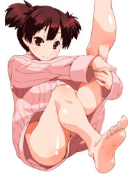 Rule 34 | 1girl, barefoot, bottomless, brown hair, feet, foot focus, k-on!, legs, naked sweater, red eyes, ribbed sweater, shinama, short hair, simple background, smile, soles, solo, suzuki jun, sweater, toenails, toes, tsurime, twintails, white background