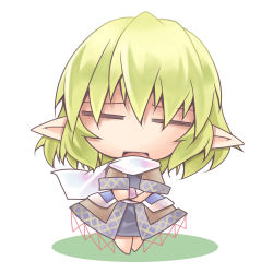 Rule 34 | 1girl, = =, chibi, closed eyes, crossed arms, female focus, green hair, mizuhashi parsee, nyagakiya, pointy ears, scarf, simple background, solo, standing, touhou, white background, white scarf