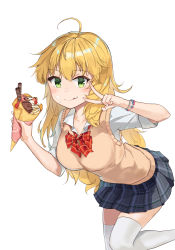 Rule 34 | 1girl, absurdres, binu (nadenade), black skirt, blonde hair, blush, bracelet, breasts, cardigan, closed mouth, collarbone, collared shirt, crepe, food, green eyes, highres, holding, holding food, hoshii miki, idolmaster, idolmaster (classic), jewelry, large breasts, long hair, looking at viewer, pleated skirt, shirt, short sleeves, skirt, smile, solo, thighhighs, tongue, tongue out, uniform, v, whipped cream, white shirt, white thighhighs