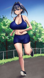 Rule 34 | 1girl, absurdres, blue eyes, blue hair, blush, breasts, cleavage, collarbone, fence, grass, headband, highres, holocouncil, hololive, hololive english, huge breasts, midriff, navel, ouro kronii, running, sabakan oekaki, shoes, short hair, shorts, sky, sneakers, solo, sports bra, stomach, thighs, tree, virtual youtuber