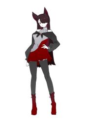 Rule 34 | 1girl, animal ears, boots, brown hair, dress, full body, hair over one eye, hand on own hip, highres, imaizumi kagerou, looking at viewer, multicolored clothes, multicolored dress, off-shoulder dress, off shoulder, red footwear, standing, touhou, white background, wolf ears, wolf girl, zenritsu