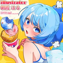 Rule 34 | 1girl, alternate costume, annoyed, artist name, asaka haru123, blue bow, blue eyes, blue hair, blue shirt, bow, cirno, food, from behind, hair between eyes, hair bow, hair intakes, highres, holding, holding food, holding spoon, ice cream, instagram username, light blush, looking at viewer, looking back, medium hair, open mouth, patterned background, puff of air, shirt, sidelocks, simple background, snow, spaghetti strap, sparkle, spoon, sweat, swept bangs, tareme, touhou, twitter username, upper body, v-shaped eyebrows, yellow background