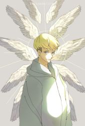 Rule 34 | 1boy, angel wings, asuka ryou, blonde hair, blue eyes, closed mouth, coat, devilman, devilman crybaby, eyebrows, feathered wings, feathers, highres, male focus, short hair, solo, white coat, wings