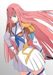 Rule 34 | 10s, 1girl, aqua eyes, blue neckwear, blunt bangs, boots, cosplay, darling in the franxx, dress, epaulettes, hand on own hip, highres, holding, holding sword, holding weapon, horns, junketsu, kill la kill, kiryuuin satsuki, kiryuuin satsuki (cosplay), long hair, looking at viewer, pink hair, solo, straight hair, sungose, sword, thigh boots, thighhighs, trigger (company), weapon, white dress, zero two (darling in the franxx)