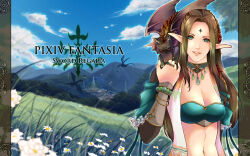 Rule 34 | 1girl, blue sky, breasts, brown hair, city, cleavage, cloud, commentary request, day, dragon, forest, gem, gobaku no hito, grass, green gemstone, harem outfit, lips, long hair, looking at viewer, medium breasts, nature, navel, outdoors, parted bangs, parted lips, pixiv fantasia, pixiv fantasia sword regalia, pointy ears, sky, smile, solo, tree, upper body