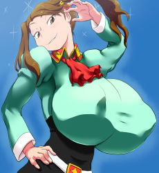 Rule 34 | 10s, 1girl, blue background, breasts, brown eyes, brown hair, covered erect nipples, female focus, grin, gundam, gundam build fighters, gundam build fighters try, highres, histamine c, huge breasts, long hair, puffy nipples, sazaki kaoruko, shirt, simple background, smile, solo, taut clothes, taut shirt, twintails