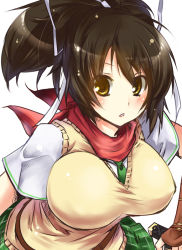 Rule 34 | 10s, 1girl, asuka (senran kagura), bad id, bad pixiv id, breasts, brown eyes, brown hair, hair ribbon, holding, large breasts, necktie, paopao, parted lips, plaid, plaid skirt, red scarf, reverse grip, ribbon, scarf, school uniform, senran kagura, simple background, skirt, solo, sweater vest, white background