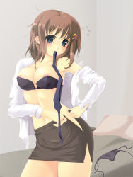 Rule 34 | 00s, 1girl, bed, blue eyes, bra, breasts, brown hair, dress shirt, female focus, frapowa, hair ornament, highres, lingerie, lyrical nanoha, mahou shoujo lyrical nanoha, mahou shoujo lyrical nanoha strikers, medium breasts, messy hair, miniskirt, mouth hold, necktie, nipple slip, nipples, no panties, pencil skirt, shirt, skirt, solo, underwear, yagami hayate