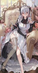 Rule 34 | 1girl, absurdres, apron, asymmetrical legwear, black dress, black footwear, bug, butterfly, couch, dress, flower, foot out of frame, frilled dress, frilled headwear, frills, grey hair, grey thighhighs, highres, insect, legs, light smile, long hair, looking at viewer, maid, maid apron, maid headdress, nail polish, original, pink eyes, rose, single thighhigh, sitting, thighhighs, very long hair, window, wooden floor, ye jji