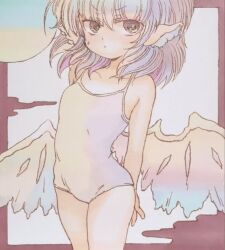 Rule 34 | 1girl, animal ears, bare arms, bare legs, bare shoulders, bird ears, bird wings, blush, breasts, collarbone, cowboy shot, hair between eyes, mystia lorelei, nishina masato, one-piece swimsuit, pink hair, school swimsuit, short hair, small breasts, solo, swimsuit, touhou, traditional media, white one-piece swimsuit, white wings, wings, yellow eyes