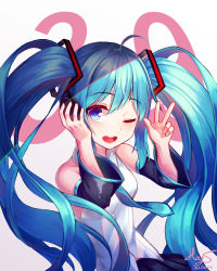 Rule 34 | 1girl, absurdres, ahoge, aqua eyes, aqua hair, blue eyes, blush, breasts, commentary request, detached sleeves, hair ornament, hatsune miku, highres, huge filesize, long hair, looking at viewer, medium breasts, necktie, one eye closed, open mouth, smile, solo, twintails, very long hair, vocaloid, w, yansae81
