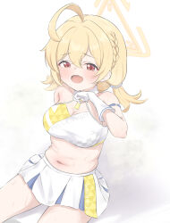 Rule 34 | 1girl, absurdres, ahoge, blonde hair, blue archive, blush, breasts, cleavage, collarbone, commentary request, dot nose, feet out of frame, gloves, hair between eyes, halo, highres, kotori (blue archive), kotori (cheer squad) (blue archive), low twintails, multiple views, navel, open mouth, red eyes, short twintails, simple background, solo, sweat, tareme, toushitukata 7, triangle halo, twintails, white background, yellow halo