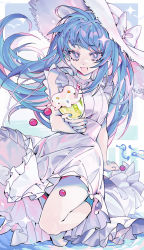 Rule 34 | 1girl, absurdres, blue eyes, blue hair, dress, drinking straw, food, hat, hatsune miku, highres, ice cream, leggings, long hair, looking at viewer, open mouth, smile, solo, sun hat, sundae, taowu (20809), twintails, vocaloid, white dress, white leggings