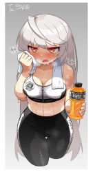 Rule 34 | 1girl, absurdres, ahoge, alternate costume, bike shorts, blush, commission, counter:side, drink, grey background, highres, hilde (counter:side), holding, holding drink, leggings, long hair, midriff, nervous sweating, open mouth, orange eyes, pantyhose, signature, silver hair, sports bra, sports drink, sweat, towel, very sweaty, wide hips, wiping, wiping face, wiping sweat, ywk1312, zipper