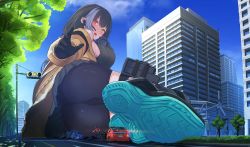 Rule 34 | 1boy, 1girl, absurdres, ass, bike shorts, black gloves, black hair, boots, brown jacket, city, day, destruction, giant, giantess, girls&#039; frontline, gloves, grey skirt, heterochromia, highres, jacket, long hair, magazine (weapon), multicolored hair, natsukaze shigure, outdoors, red eyes, ro635 (girls&#039; frontline), size difference, skirt, streaked hair, thigh strap, toyota prius, traffic, yellow eyes