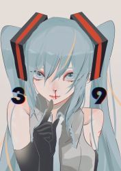 Rule 34 | 1girl, 39, bare shoulders, black gloves, bleeding, blood, blue eyes, blue hair, blue necktie, closed mouth, collared shirt, commentary request, dress shirt, elbow gloves, finger to mouth, frilled shirt collar, frills, gloves, grey background, grey shirt, hair between eyes, hatsune miku, long hair, looking at viewer, necktie, nosebleed, shirt, shoulder tattoo, simple background, sleeveless, sleeveless shirt, slit pupils, solo, tattoo, turn3341, twintails, upper body, vocaloid