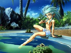 Rule 34 | 1990s (style), 1girl, alcohol, aqua hair, breasts, earrings, female focus, jewelry, long hair, naked towel, nature, navel, outdoors, pool, retro artstyle, ryouko (tenchi muyou!), sake, scenery, sidelocks, silver hair, sitting, sky, smile, solo, spiked hair, tenchi muyou!, topfreedom, topless, towel, tree