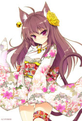 Rule 34 | 1girl, animal ears, brown hair, cat ears, cat tail, earrings, flower, flower on head, hair flower, hair ornament, japanese clothes, jewelry, kimono, long hair, magatama, multiple tails, necklace, nekomata, original, red eyes, simple background, solo, tail, two tails, won (az hybrid)