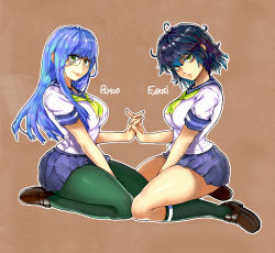 Rule 34 | &gt;:(, 2girls, aged down, ahoge, black hair, blue hair, blue skirt, breasts, brown footwear, character name, closed mouth, freckles, from side, frown, fubuki (one-punch man), full body, glasses, green eyes, green legwear, highres, holding hands, interlocked fingers, loafers, long hair, looking at viewer, looking to the side, medium breasts, multiple girls, neckerchief, one-punch man, pantyhose, pleated skirt, psychos (one-punch man), psykos, rimless eyewear, school uniform, seiza, serafuku, shoes, short hair, short sleeves, sidelocks, sitting, skirt, smile, socks, the golden smurf, v-shaped eyebrows