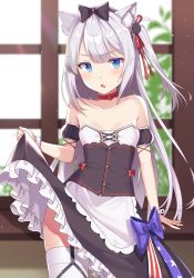 Rule 34 | 1girl, american flag, american flag print, animal ears, azur lane, bare shoulders, black bow, blue eyes, blush, bow, cat ears, cat girl, collarbone, colored eyelashes, cowboy shot, cross-laced clothes, day, flag print, garter straps, grey hair, hair ribbon, hairband, hammann (azur lane), highres, indoors, izumo neru, long hair, looking at viewer, maid, parted lips, red ribbon, ribbon, solo, standing, thighhighs, underbust, very long hair, white thighhighs