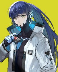 Rule 34 | 1boy, androgynous, blue hair, bodysuit, controller, eyelashes, game controller, highres, holding, holding controller, holding game controller, jacket, long hair, long sleeves, looking at viewer, male focus, open clothes, open jacket, ponytail, protagonist (smtv), purple hair, shin megami tensei, shin megami tensei v, simple background, solo, upper body, very long hair, white jacket, yellow background, yellow eyes, za210n