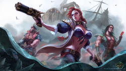 Rule 34 | 1girl, 4boys, blue eyes, breasts, dual wielding, gun, handgun, highres, holding, kusanagi lin, large breasts, league of legends, graves (league of legends), midriff, multiple boys, narrow waist, nautilus (league of legends), pistol, pyke, red hair, miss fortune (league of legends), tagme, twisted fate, weapon