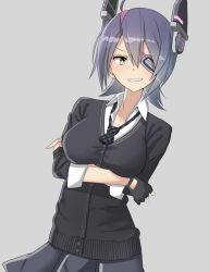 Rule 34 | 10s, 1girl, ahoge, cardigan, crossed arms, eyepatch, gloves, gradient hair, grey background, hair ornament, happy, highres, kantai collection, looking at viewer, multicolored hair, necktie, shirt, short hair, simple background, skirt, sleeves rolled up, smile, solo, streaked hair, tanaken, tenryuu (kancolle)