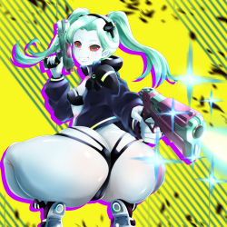 Rule 34 | 1girl, absurdres, artist request, ass, boots, breasts, butt crack, cameltoe, cleft of venus, come hither, cyberpunk (series), cyberpunk edgerunners, dual wielding, from behind, from below, green hair, grin, gun, highres, holding, huge ass, jacket, long hair, looking at viewer, looking back, looking down, mee don, petite, rebecca (cyberpunk), red eyes, shiny clothes, shiny skin, short shorts, shorts, smile, solo, squatting, thick thighs, thighs, thong, twintails, weapon, wide hips
