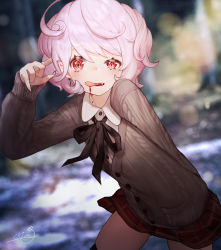 Rule 34 | 1girl, bad id, bad pixiv id, blood, cardigan, curly hair, earrings, fang, highres, jewelry, leaning forward, licking lips, looking at viewer, mia (miaflocon), neck ribbon, original, pink hair, plaid, plaid skirt, pointing, pointing at self, pointy ears, raised eyebrow, red eyes, ribbon, school uniform, short hair, signature, skirt, slit pupils, solo, @ @, tongue, tongue out, vampire