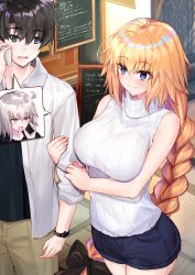 Rule 34 | 1boy, 2girls, ahoge, angry, arm hug, bare arms, bare shoulders, black bow, black hair, black shirt, blouse, blue eyes, blue shorts, bow, braid, breasts, brown pants, cellphone, contemporary, couple, day, denim, denim shorts, fate/grand order, fate (series), fujimaru ritsuka (male), hair bow, highres, jacket, jeanne d&#039;arc (fate), jeanne d&#039;arc (ruler) (fate), jeanne d&#039;arc alter (avenger) (fate), jeanne d&#039;arc alter (fate), jewelry, large breasts, long hair, long sleeves, menu board, multiple girls, necklace, ninoude (ninoude44), open clothes, open jacket, open mouth, outdoors, pants, phone, shirt, short shorts, shorts, silver hair, single braid, sleeveless, sleeveless shirt, smartphone, talking on phone, v-shaped eyebrows, very long hair, watch, white jacket, white shirt, wristwatch