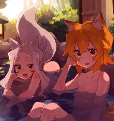 Rule 34 | 2girls, animal ear fluff, animal ears, blonde hair, blush, commentary, facial mark, fang, fox ears, fox girl, fox tail, hair between eyes, light rays, long hair, looking at viewer, multiple girls, nude, onsen, open mouth, outdoors, partially submerged, red eyes, rimukoro, rock, senko (sewayaki kitsune no senko-san), sewayaki kitsune no senko-san, shiro (sewayaki kitsune no senko-san), short hair, skin fang, smile, sunbeam, sunlight, tail, thick eyebrows, water, white hair, yellow eyes