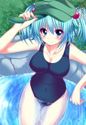Rule 34 | 1girl, bad id, bad pixiv id, bathing, blue eyes, blue hair, breasts, cleavage, collarbone, cucumber, hair bobbles, hair ornament, haruta (806060), hat, kawashiro nitori, large breasts, looking at viewer, matching hair/eyes, one-piece swimsuit, rock, school swimsuit, smile, solo, swimsuit, touhou, twintails, two side up, water