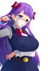 Rule 34 | 1girl, blue eyes, blush, breast hold, breasts, collared shirt, dress, ear piercing, earrings, heart, highres, jewelry, kaguya madoka, large breasts, long sleeves, looking at viewer, mask, mouth mask, piercing, pinafore dress, precure, purple hair, rumo, shirt, simple background, sleeveless dress, solo, star twinkle precure, surgical mask, white background
