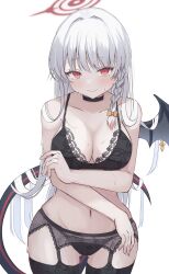 Rule 34 | 1girl, absurdres, black bra, black choker, black panties, black tail, black thighhighs, black wings, blue archive, blush, bra, braid, breasts, choker, cleavage, closed mouth, collarbone, cowboy shot, demon tail, demon wings, fake wings, grey hair, halo, haruna (blue archive), highres, kirin (kirin1023), large breasts, long hair, looking at viewer, navel, panties, red eyes, red halo, side braid, simple background, single wing, solo, tail, thighhighs, underwear, white background, wings